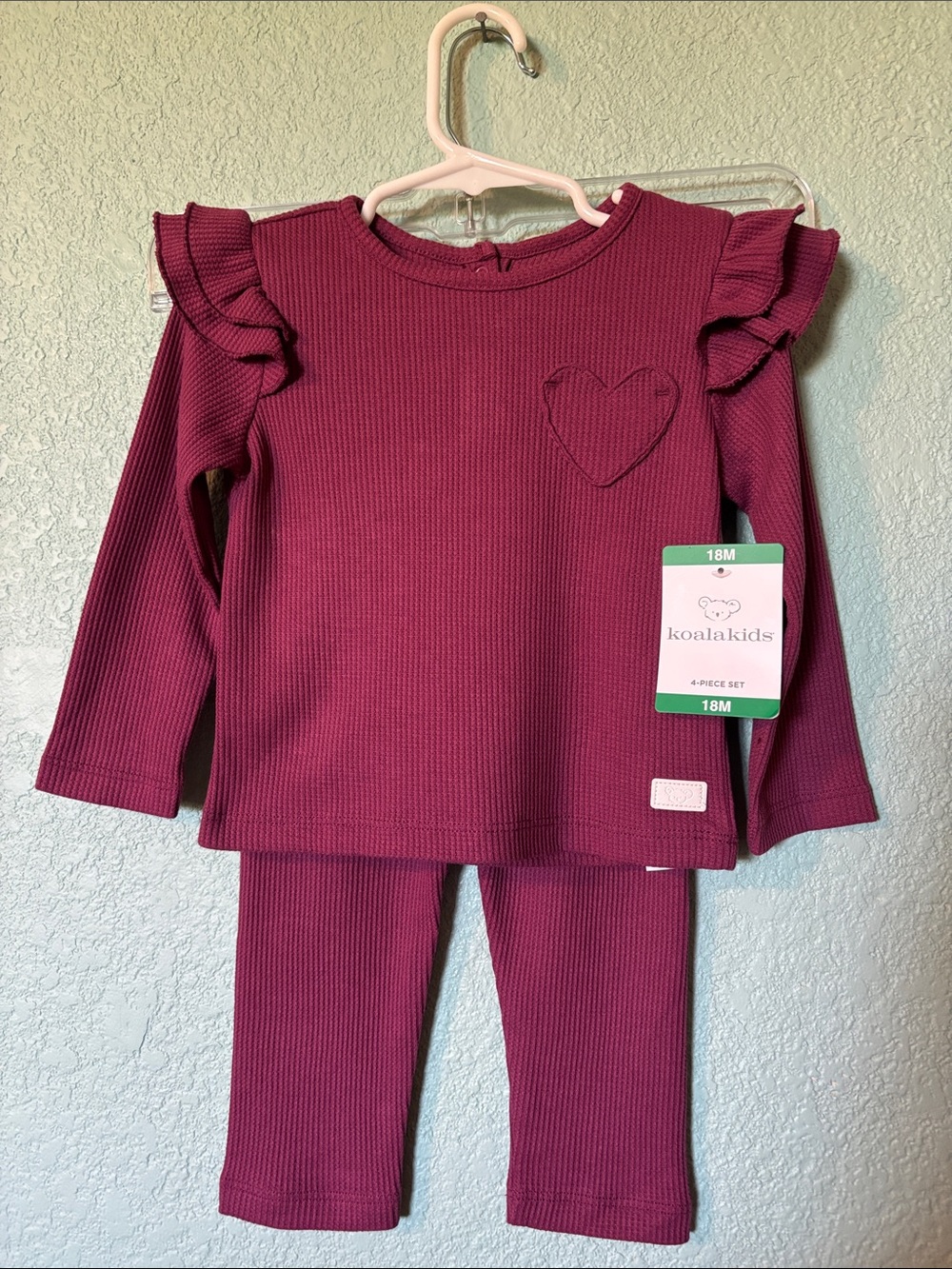 Koala Kids 4 Piece Toddler Plum Ruffle Heart Waffle Set + Animal Pink Set - NWT